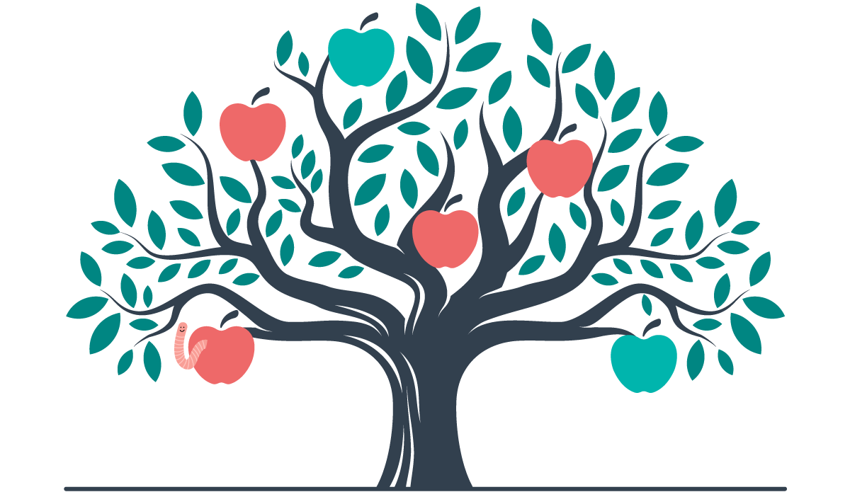 Tree with different colored apples to represent combining MMP and SKAN data.